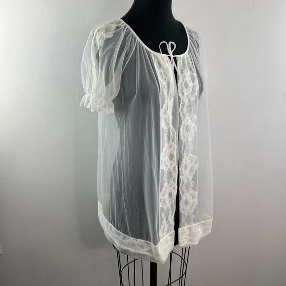 Vintage Movie Star White Sleep Robe Sheer Floral Lace Scoop Neck Tie Sz S Small - Picture 6 of 12